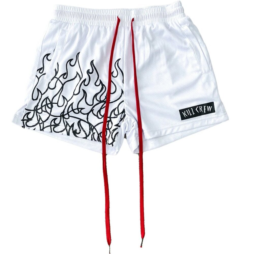 Kill Crew MUAY THAI FLAME SHORTS (MID THIGH CUT) - WHITE / BLACK